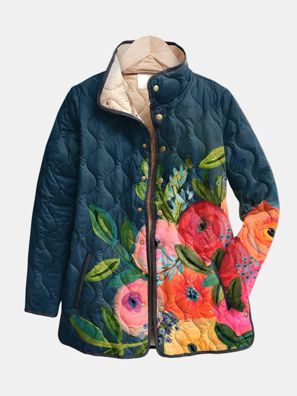Beata | giacca trapuntata da donna a fiori dipinti, blu navy
