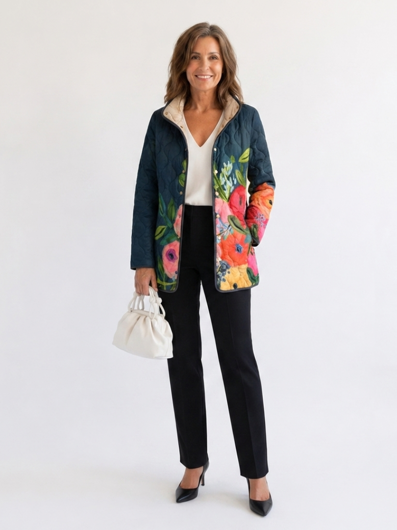 Beata | giacca trapuntata da donna a fiori dipinti, blu navy