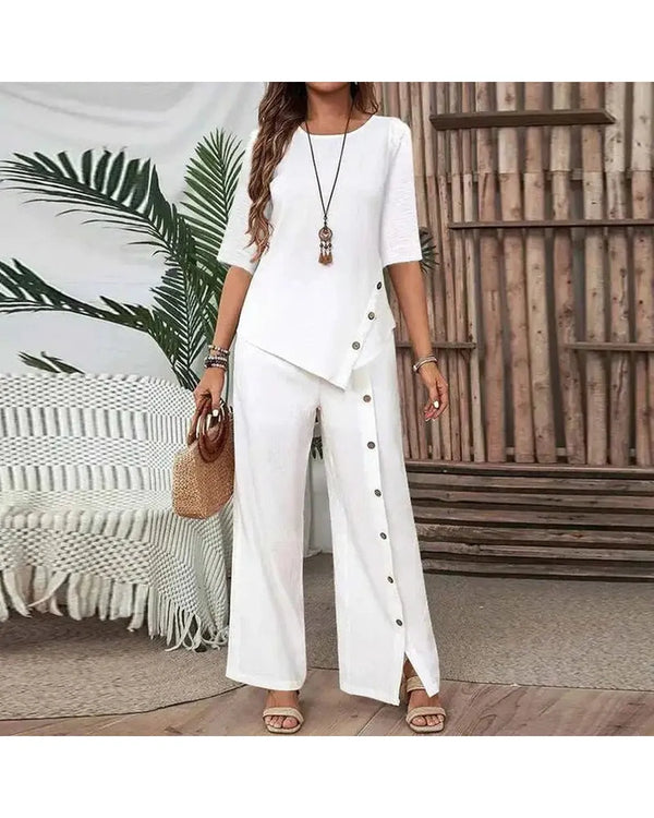 Elena - Elegant Asymmetric Top and Wide-Leg Trousers Set