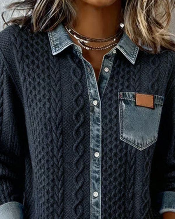 Camicia a Maniche Lunghe con Dettagli in Denim