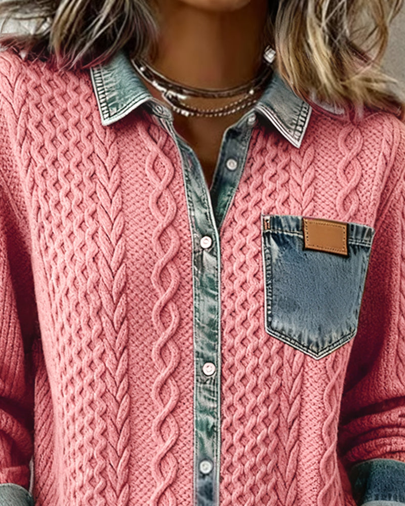 Camicia a Maniche Lunghe con Dettagli in Denim