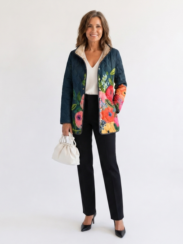 Beata | giacca trapuntata da donna a fiori dipinti, blu navy