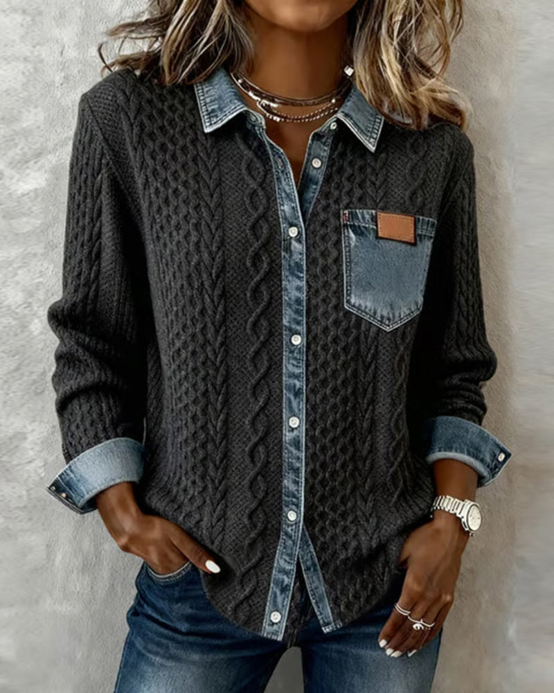 Camicia a Maniche Lunghe con Dettagli in Denim