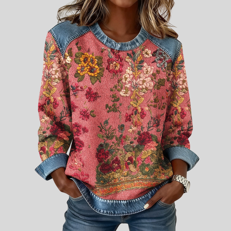 Orabelle™ | Felpa con Stampa Floreale e Dettagli in Denim