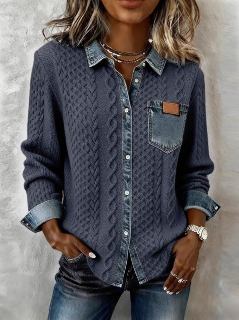 Camicia a Maniche Lunghe con Dettagli in Denim