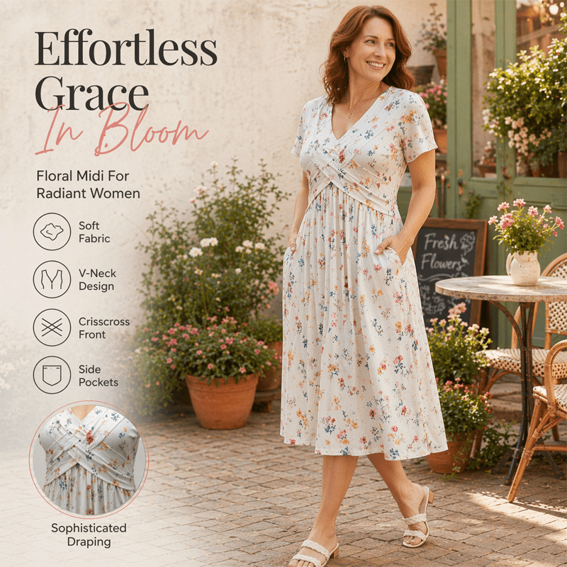 Vestito Donna Scollo a V Stampa Floreale con Vita Twist