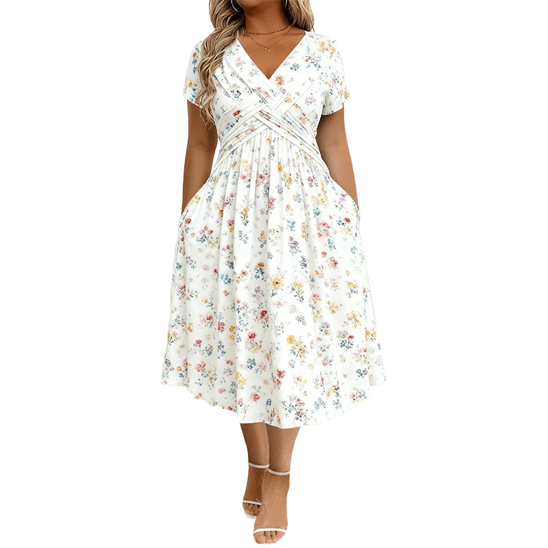 Vestito Donna Scollo a V Stampa Floreale con Vita Twist