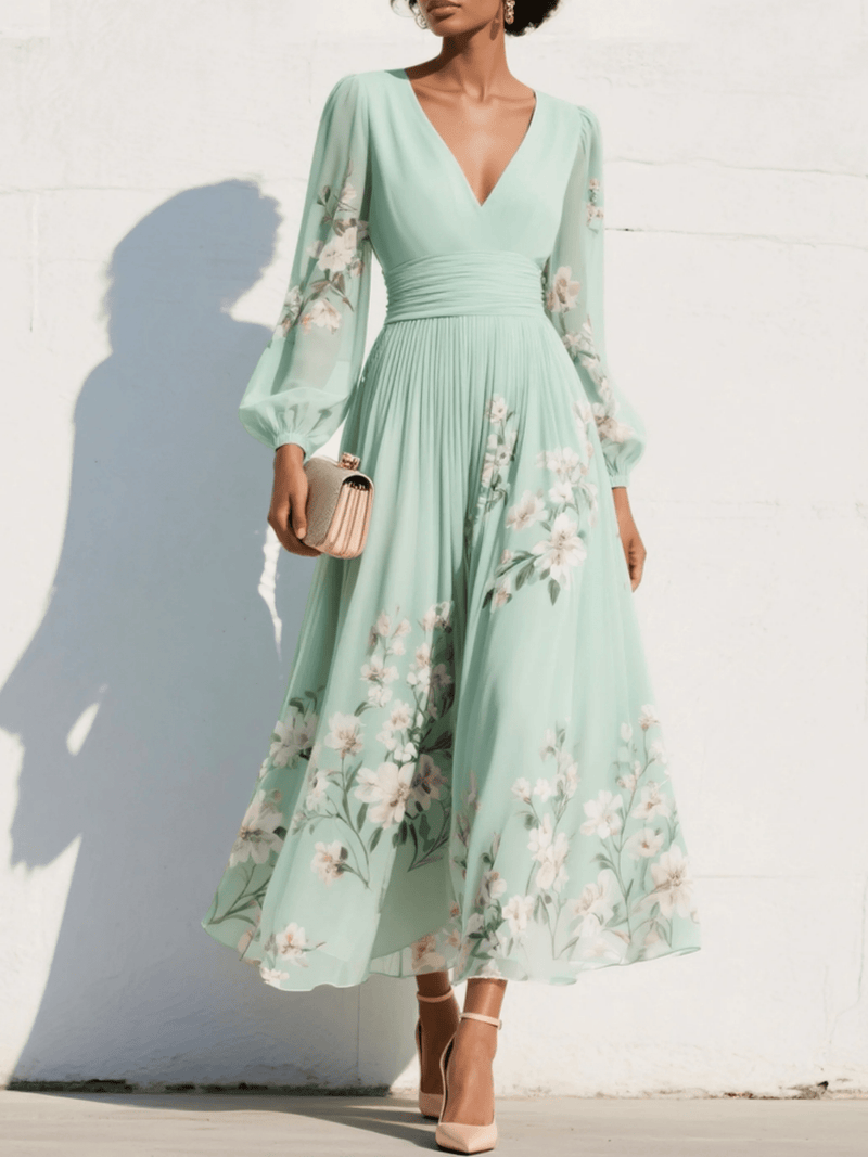 Clara | Light Green Floral Midi Dress