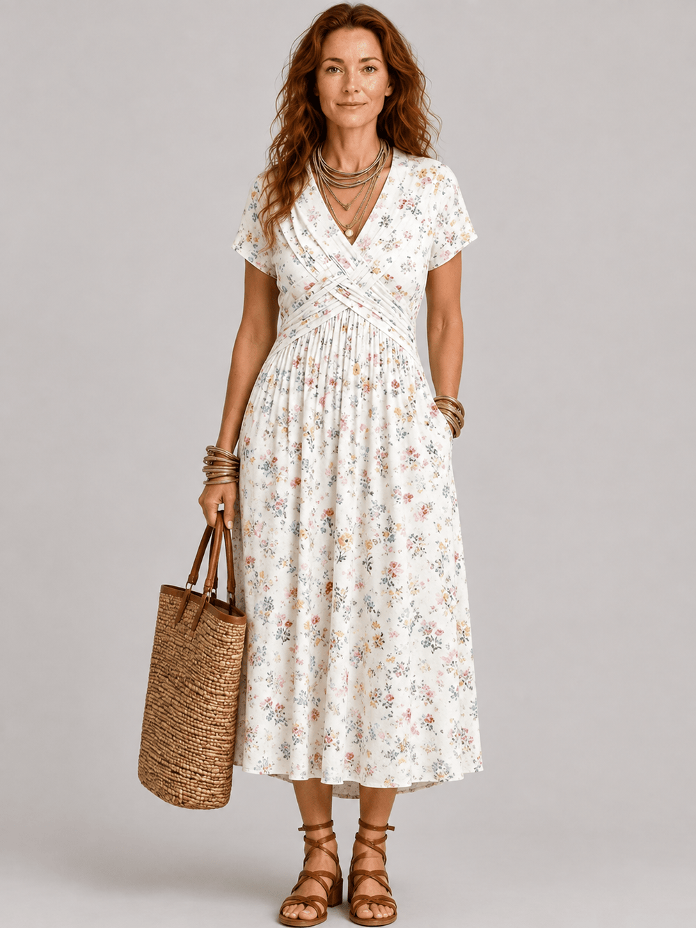 Vestito Donna Scollo a V Stampa Floreale con Vita Twist