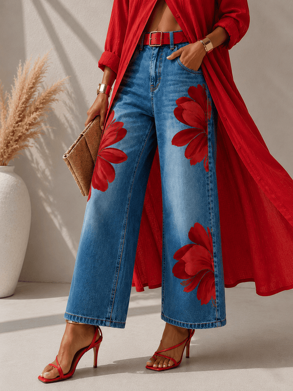 Red Floral Denim Set — Jeans and Shirt