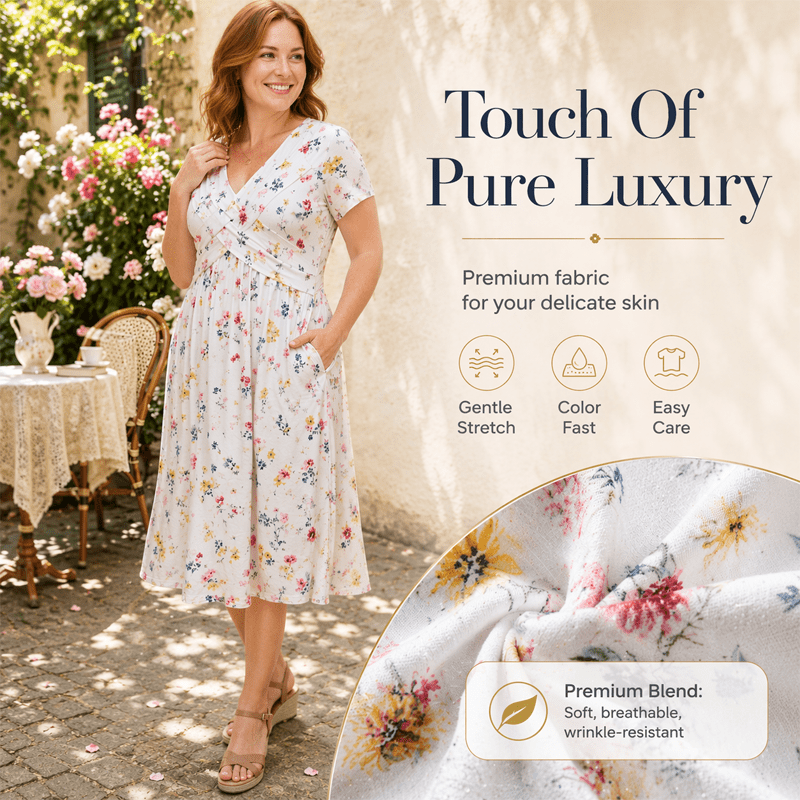 Vestito Donna Scollo a V Stampa Floreale con Vita Twist