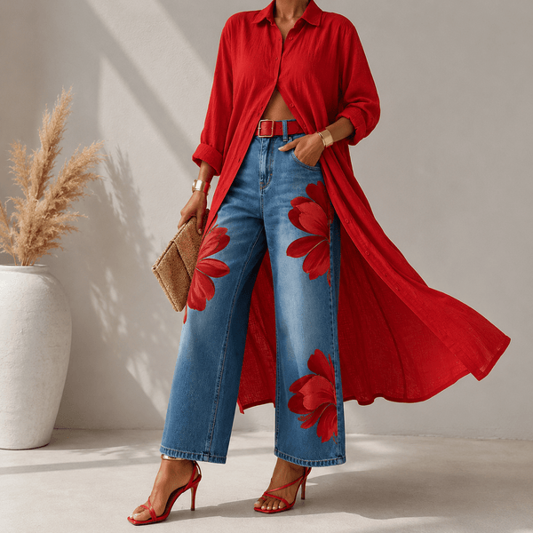 Red Floral Denim Set — Jeans and Shirt