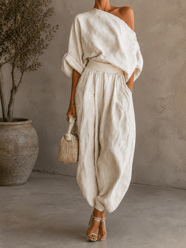 Janet | Off-Shoulder Loose Top and Slim Trousers Set