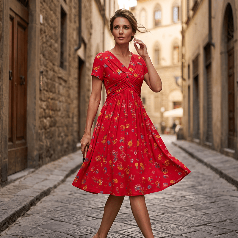 Vestito Donna Scollo a V Stampa Floreale con Vita Twist