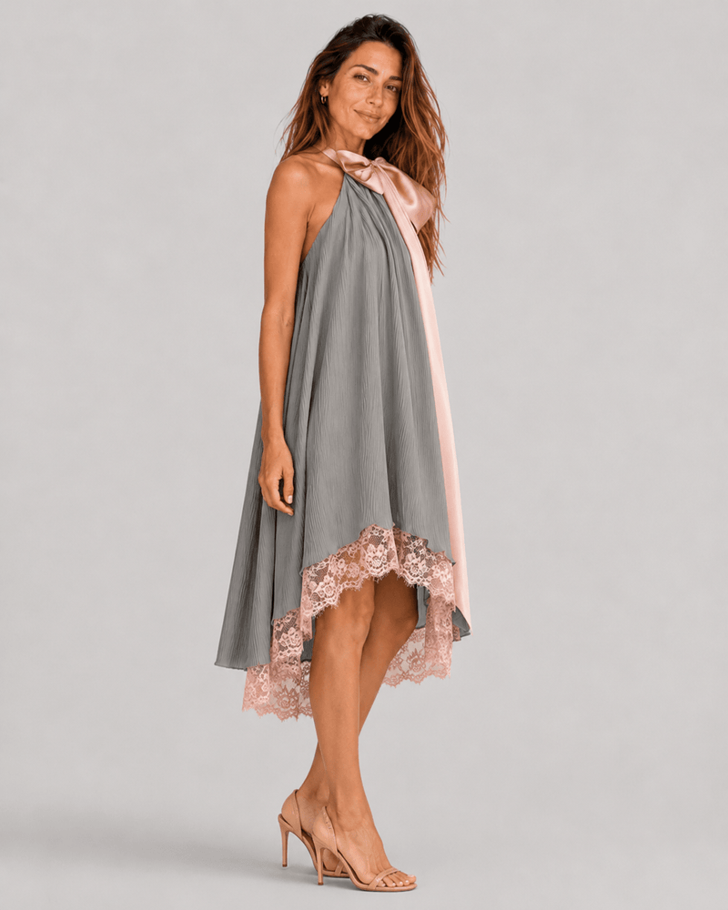 Beatriz | Grey Satin Dress with Pink Bow and Lace