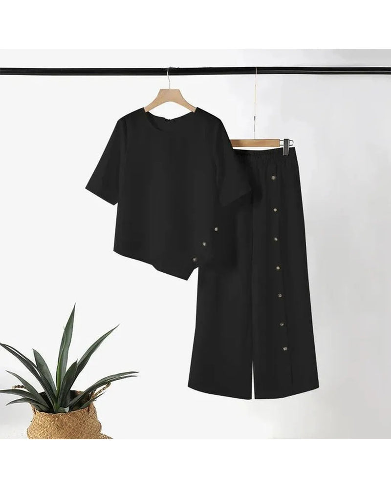 Elena - Elegant Asymmetric Top and Wide-Leg Trousers Set