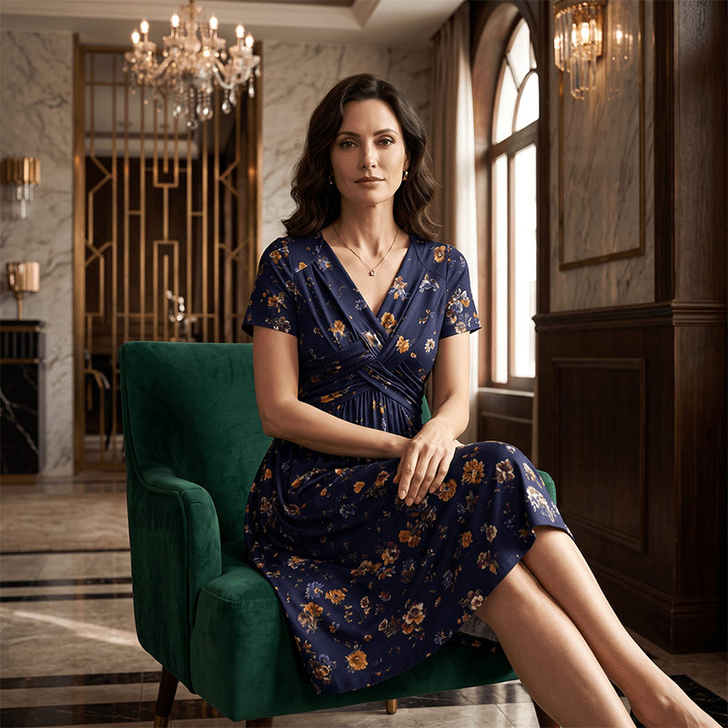Vestito Donna Scollo a V Stampa Floreale con Vita Twist