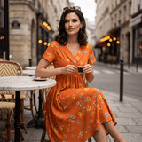 Vestito Donna Scollo a V Stampa Floreale con Vita Twist