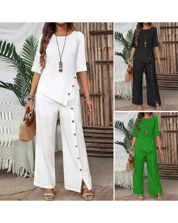 Elena - Elegant Asymmetric Top and Wide-Leg Trousers Set