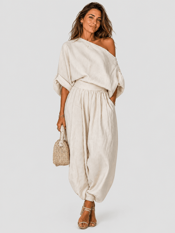 Janet | Off-Shoulder Loose Top and Slim Trousers Set