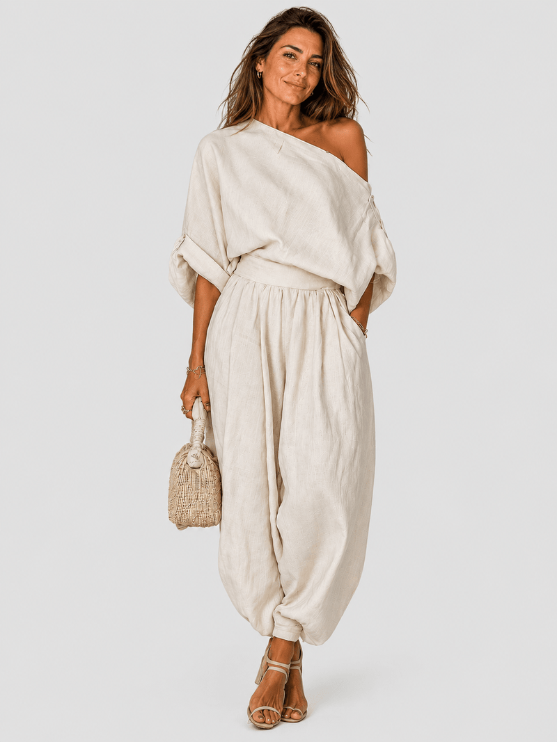 Janet | Off-Shoulder Loose Top and Slim Trousers Set