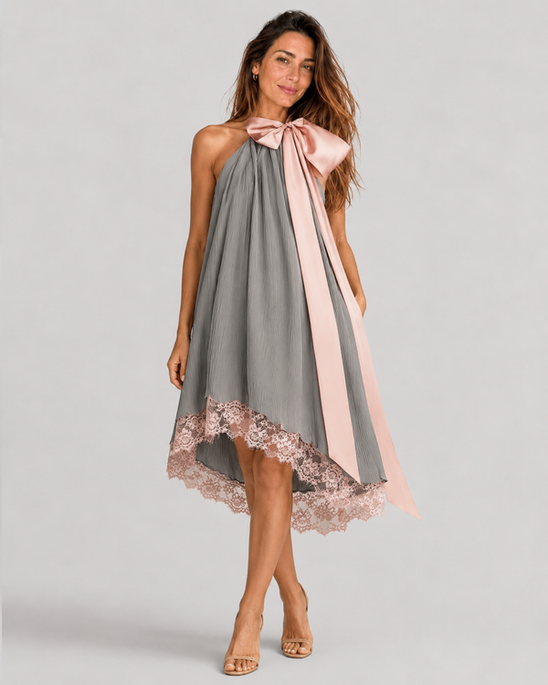Beatriz | Grey Satin Dress with Pink Bow and Lace