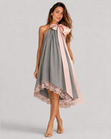 Beatriz | Grey Satin Dress with Pink Bow and Lace
