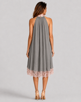 Beatriz | Grey Satin Dress with Pink Bow and Lace