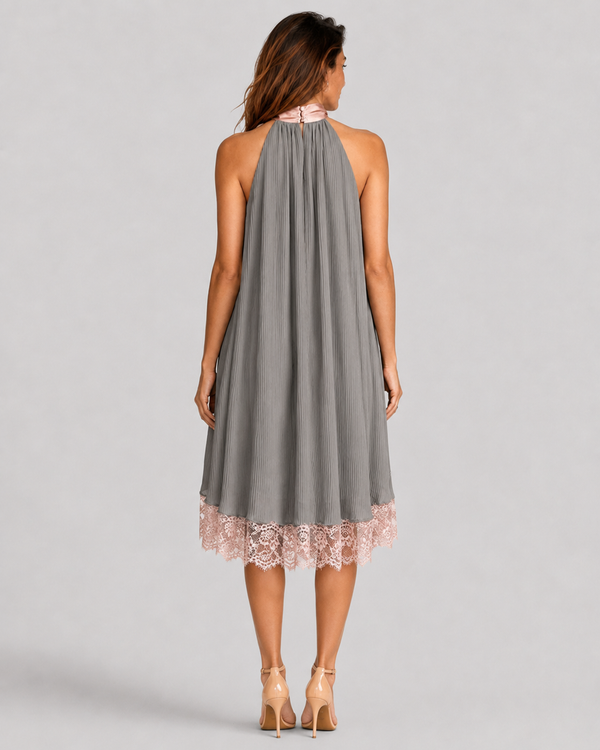 Beatriz | Grey Satin Dress with Pink Bow and Lace