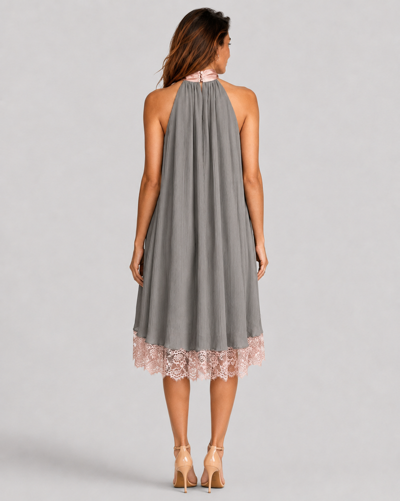 Beatriz | Grey Satin Dress with Pink Bow and Lace